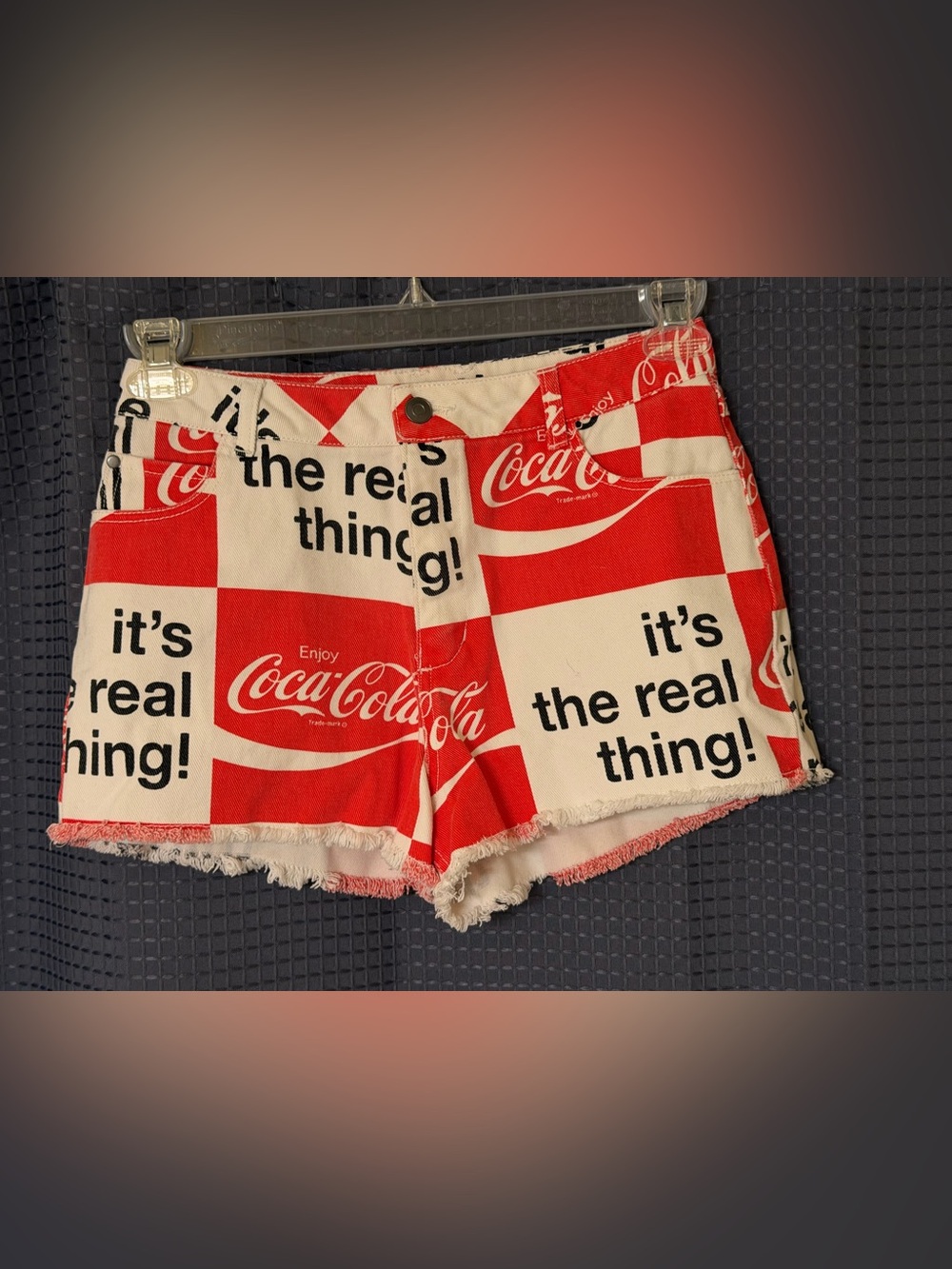 Coca Cola Red and White Checkerboard Logo Denim Shorts